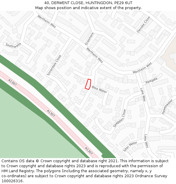 40, DERWENT CLOSE, HUNTINGDON, PE29 6UT: Location map and indicative extent of plot