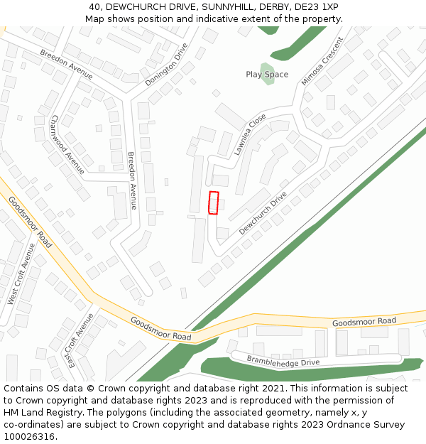40, DEWCHURCH DRIVE, SUNNYHILL, DERBY, DE23 1XP: Location map and indicative extent of plot
