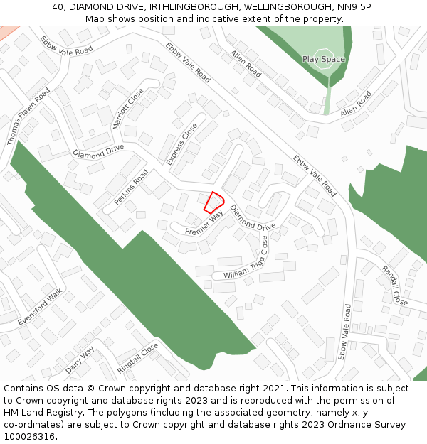 40, DIAMOND DRIVE, IRTHLINGBOROUGH, WELLINGBOROUGH, NN9 5PT: Location map and indicative extent of plot