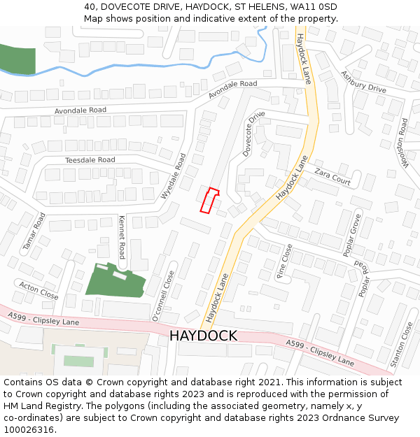 40, DOVECOTE DRIVE, HAYDOCK, ST HELENS, WA11 0SD: Location map and indicative extent of plot