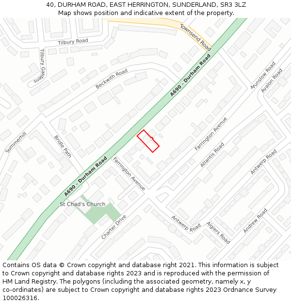 40, DURHAM ROAD, EAST HERRINGTON, SUNDERLAND, SR3 3LZ: Location map and indicative extent of plot