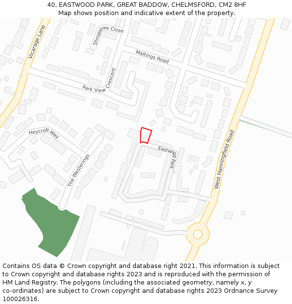 40, EASTWOOD PARK, GREAT BADDOW, CHELMSFORD, CM2 8HF: Location map and indicative extent of plot