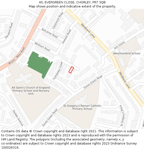 40, EVERGREEN CLOSE, CHORLEY, PR7 3QB: Location map and indicative extent of plot