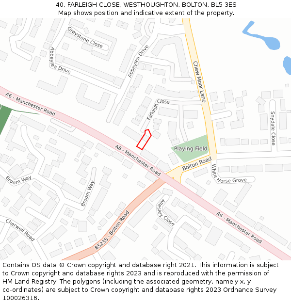 40, FARLEIGH CLOSE, WESTHOUGHTON, BOLTON, BL5 3ES: Location map and indicative extent of plot