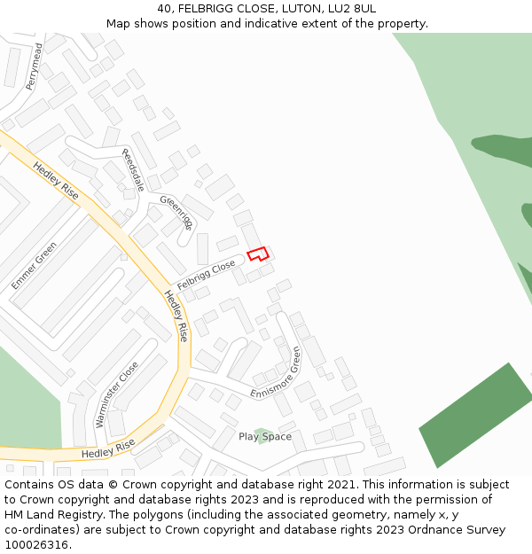 40, FELBRIGG CLOSE, LUTON, LU2 8UL: Location map and indicative extent of plot