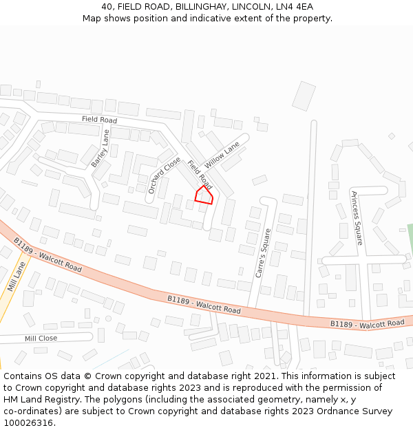 40, FIELD ROAD, BILLINGHAY, LINCOLN, LN4 4EA: Location map and indicative extent of plot