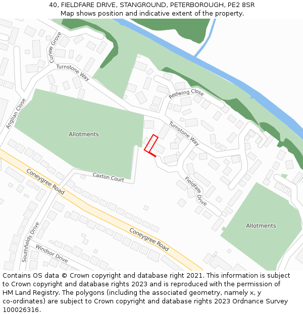 40, FIELDFARE DRIVE, STANGROUND, PETERBOROUGH, PE2 8SR: Location map and indicative extent of plot