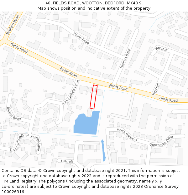 40, FIELDS ROAD, WOOTTON, BEDFORD, MK43 9JJ: Location map and indicative extent of plot