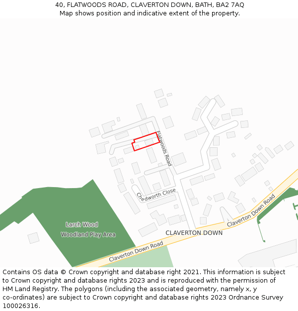 40, FLATWOODS ROAD, CLAVERTON DOWN, BATH, BA2 7AQ: Location map and indicative extent of plot