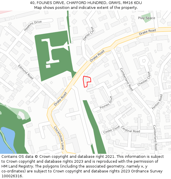 40, FOUNES DRIVE, CHAFFORD HUNDRED, GRAYS, RM16 6DU: Location map and indicative extent of plot