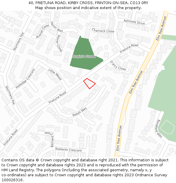 40, FRIETUNA ROAD, KIRBY CROSS, FRINTON-ON-SEA, CO13 0RY: Location map and indicative extent of plot