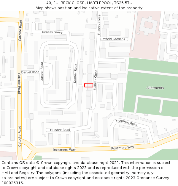 40, FULBECK CLOSE, HARTLEPOOL, TS25 5TU: Location map and indicative extent of plot