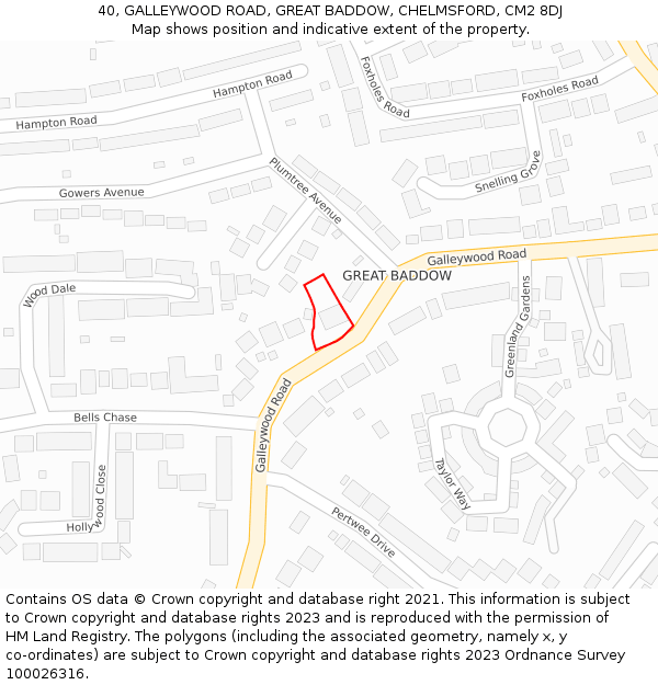 40, GALLEYWOOD ROAD, GREAT BADDOW, CHELMSFORD, CM2 8DJ: Location map and indicative extent of plot