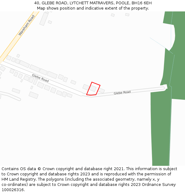 40, GLEBE ROAD, LYTCHETT MATRAVERS, POOLE, BH16 6EH: Location map and indicative extent of plot