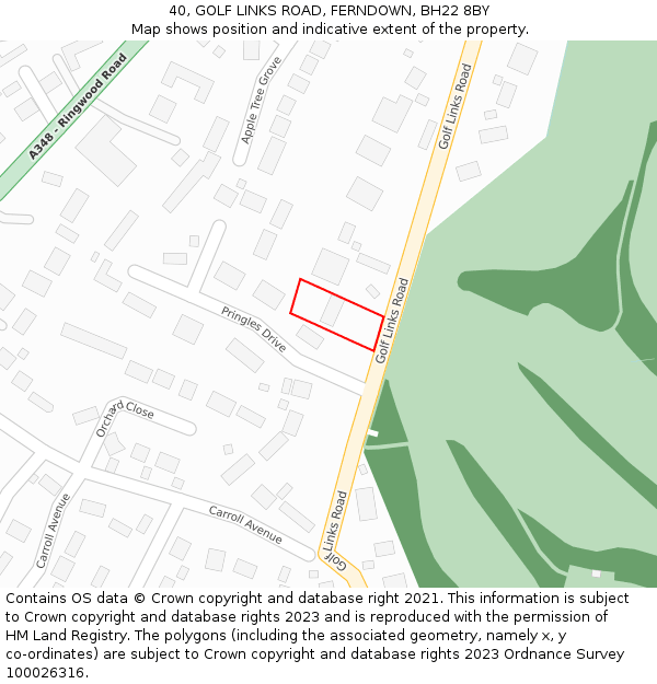 40, GOLF LINKS ROAD, FERNDOWN, BH22 8BY: Location map and indicative extent of plot