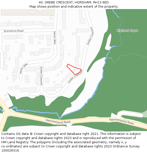 40, GREBE CRESCENT, HORSHAM, RH13 6ED: Location map and indicative extent of plot