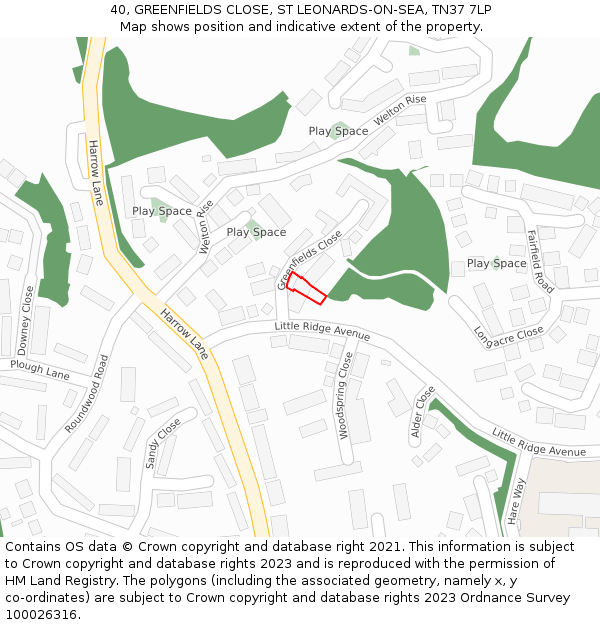 40, GREENFIELDS CLOSE, ST LEONARDS-ON-SEA, TN37 7LP: Location map and indicative extent of plot