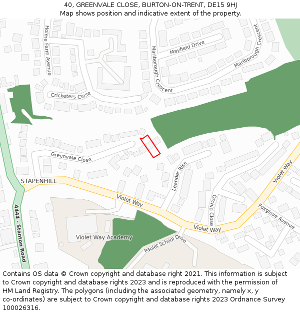 40, GREENVALE CLOSE, BURTON-ON-TRENT, DE15 9HJ: Location map and indicative extent of plot