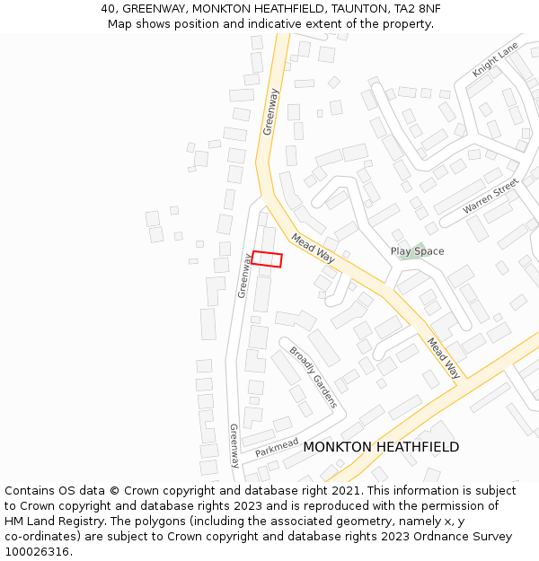 40, GREENWAY, MONKTON HEATHFIELD, TAUNTON, TA2 8NF: Location map and indicative extent of plot