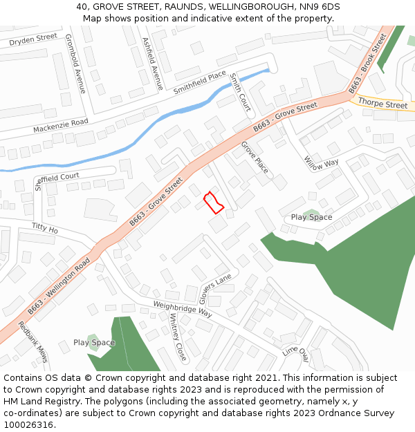 40, GROVE STREET, RAUNDS, WELLINGBOROUGH, NN9 6DS: Location map and indicative extent of plot