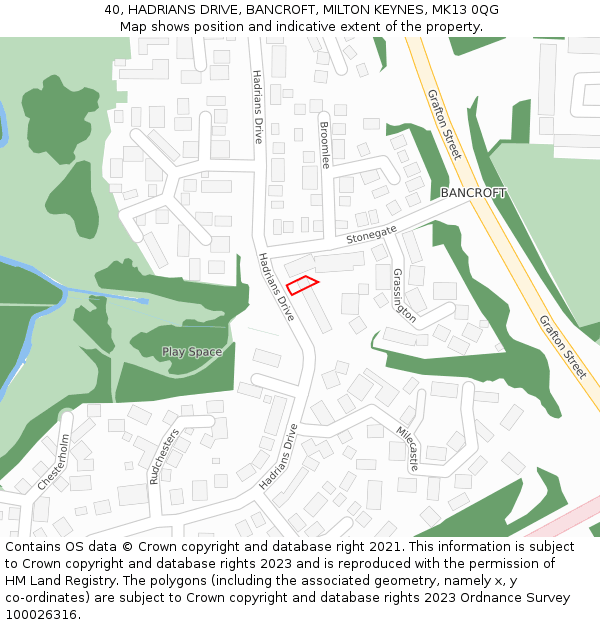 40, HADRIANS DRIVE, BANCROFT, MILTON KEYNES, MK13 0QG: Location map and indicative extent of plot