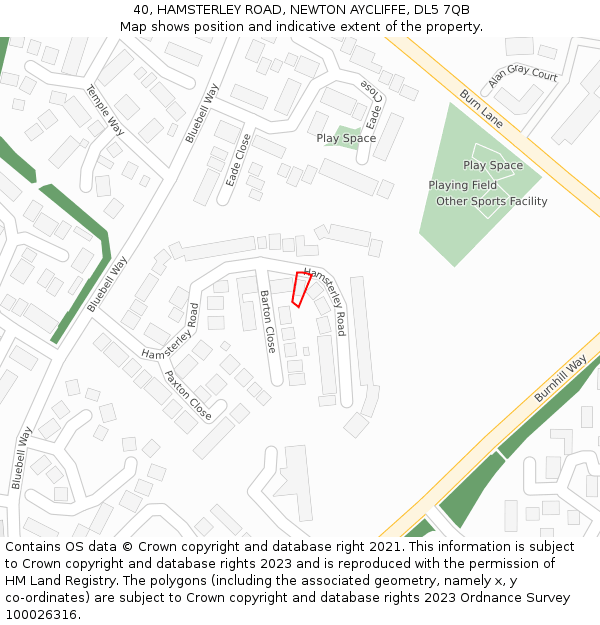 40, HAMSTERLEY ROAD, NEWTON AYCLIFFE, DL5 7QB: Location map and indicative extent of plot