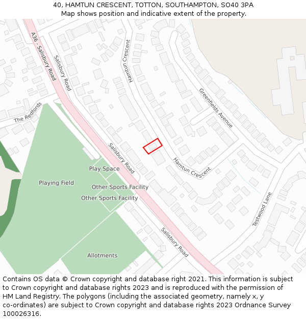 40, HAMTUN CRESCENT, TOTTON, SOUTHAMPTON, SO40 3PA: Location map and indicative extent of plot