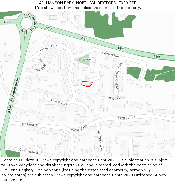 40, HANSON PARK, NORTHAM, BIDEFORD, EX39 3SB: Location map and indicative extent of plot