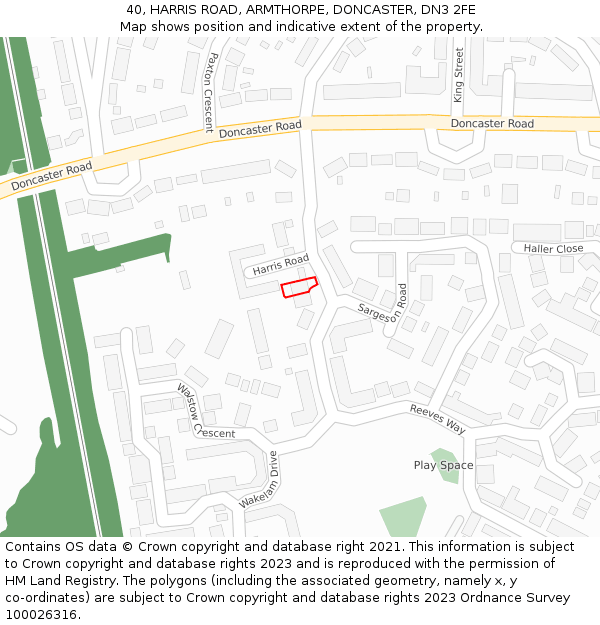 40, HARRIS ROAD, ARMTHORPE, DONCASTER, DN3 2FE: Location map and indicative extent of plot