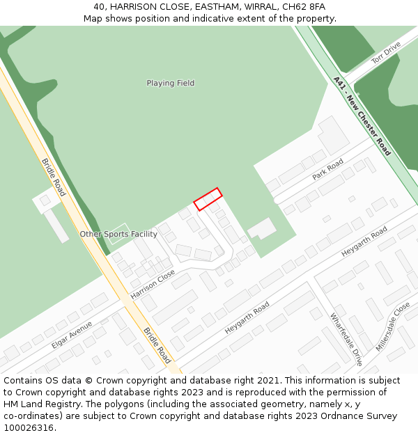 40, HARRISON CLOSE, EASTHAM, WIRRAL, CH62 8FA: Location map and indicative extent of plot