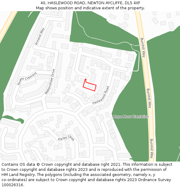 40, HASLEWOOD ROAD, NEWTON AYCLIFFE, DL5 4XF: Location map and indicative extent of plot