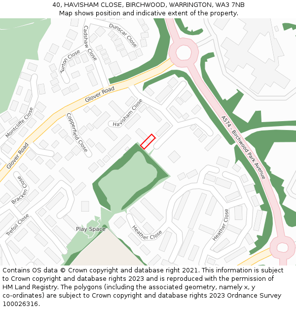 40, HAVISHAM CLOSE, BIRCHWOOD, WARRINGTON, WA3 7NB: Location map and indicative extent of plot