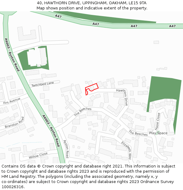 40, HAWTHORN DRIVE, UPPINGHAM, OAKHAM, LE15 9TA: Location map and indicative extent of plot