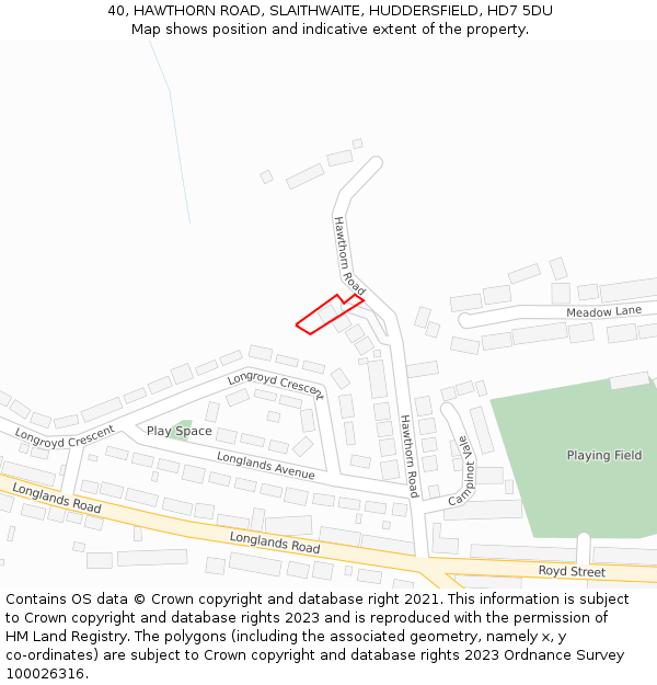 40, HAWTHORN ROAD, SLAITHWAITE, HUDDERSFIELD, HD7 5DU: Location map and indicative extent of plot