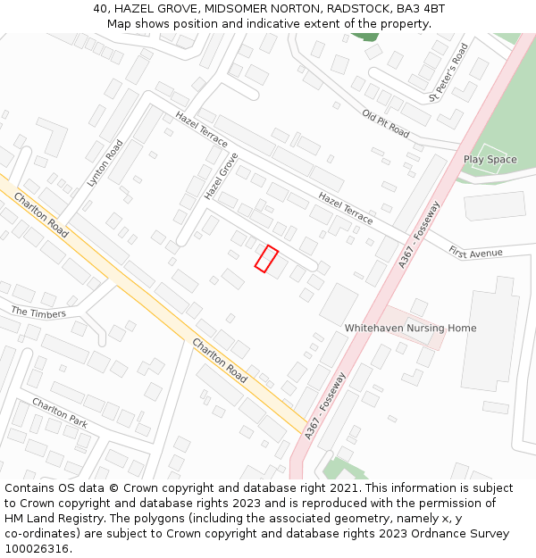 40, HAZEL GROVE, MIDSOMER NORTON, RADSTOCK, BA3 4BT: Location map and indicative extent of plot