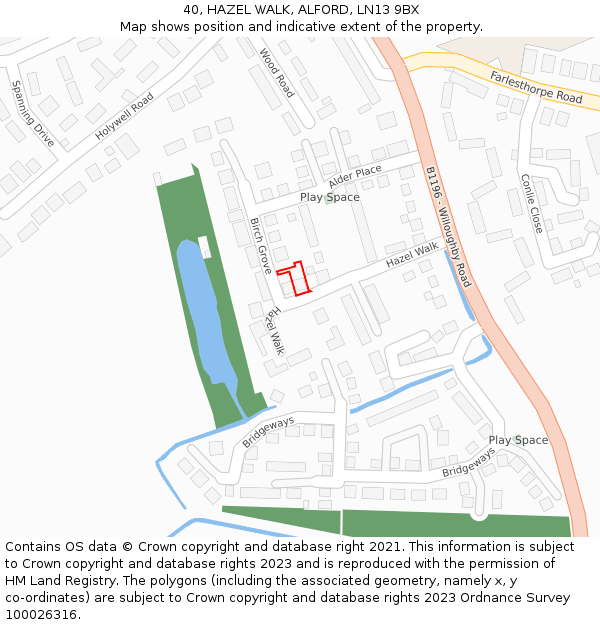 40, HAZEL WALK, ALFORD, LN13 9BX: Location map and indicative extent of plot