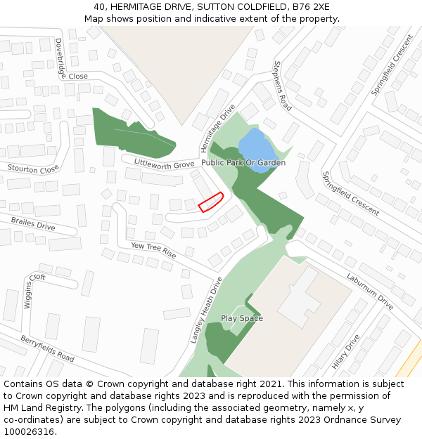 40, HERMITAGE DRIVE, SUTTON COLDFIELD, B76 2XE: Location map and indicative extent of plot
