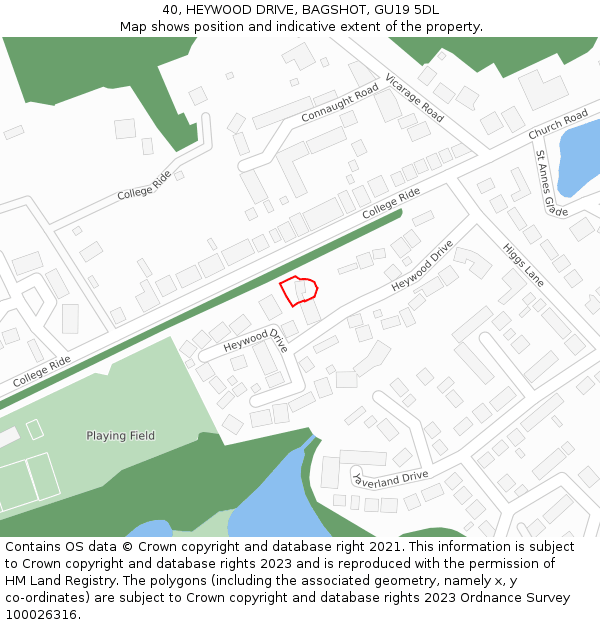 40, HEYWOOD DRIVE, BAGSHOT, GU19 5DL: Location map and indicative extent of plot