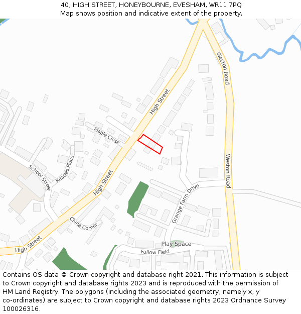 40, HIGH STREET, HONEYBOURNE, EVESHAM, WR11 7PQ: Location map and indicative extent of plot