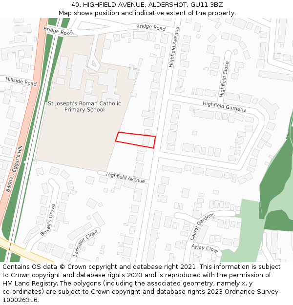 40, HIGHFIELD AVENUE, ALDERSHOT, GU11 3BZ: Location map and indicative extent of plot