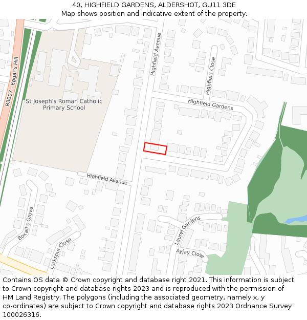 40, HIGHFIELD GARDENS, ALDERSHOT, GU11 3DE: Location map and indicative extent of plot