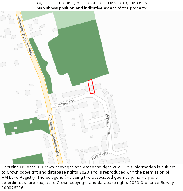 40, HIGHFIELD RISE, ALTHORNE, CHELMSFORD, CM3 6DN: Location map and indicative extent of plot
