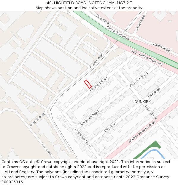 40, HIGHFIELD ROAD, NOTTINGHAM, NG7 2JE: Location map and indicative extent of plot