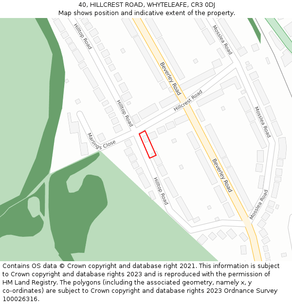 40, HILLCREST ROAD, WHYTELEAFE, CR3 0DJ: Location map and indicative extent of plot