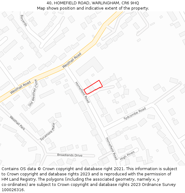 40, HOMEFIELD ROAD, WARLINGHAM, CR6 9HQ: Location map and indicative extent of plot