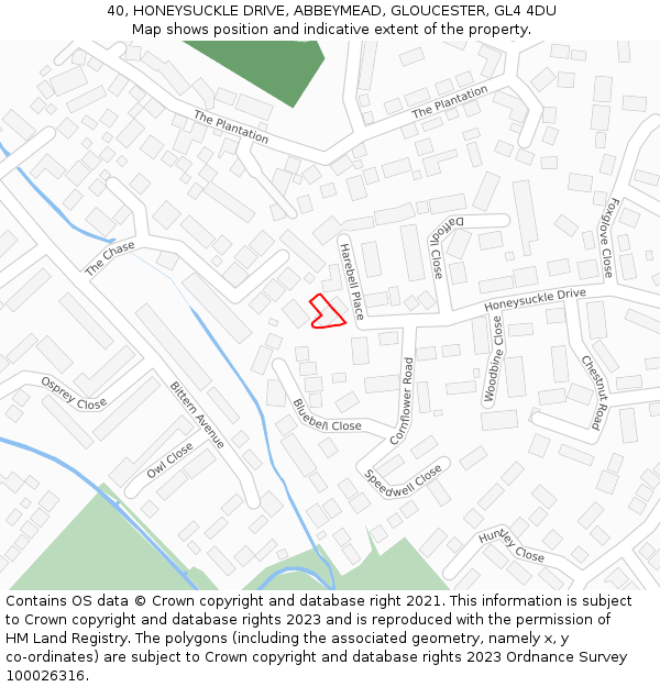 40, HONEYSUCKLE DRIVE, ABBEYMEAD, GLOUCESTER, GL4 4DU: Location map and indicative extent of plot