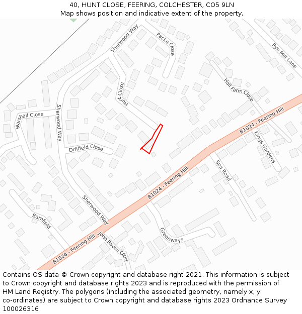 40, HUNT CLOSE, FEERING, COLCHESTER, CO5 9LN: Location map and indicative extent of plot