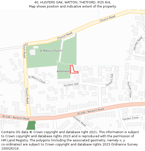 40, HUNTERS OAK, WATTON, THETFORD, IP25 6HL: Location map and indicative extent of plot