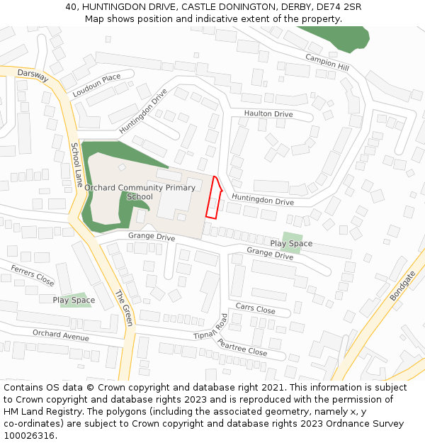 40, HUNTINGDON DRIVE, CASTLE DONINGTON, DERBY, DE74 2SR: Location map and indicative extent of plot
