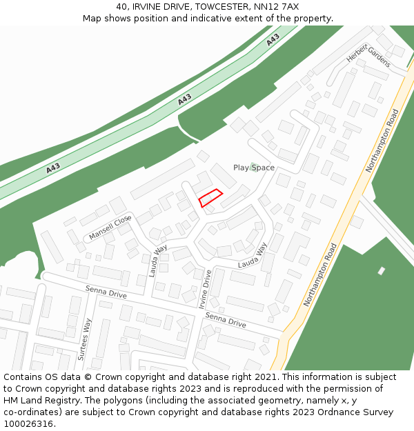 40, IRVINE DRIVE, TOWCESTER, NN12 7AX: Location map and indicative extent of plot
